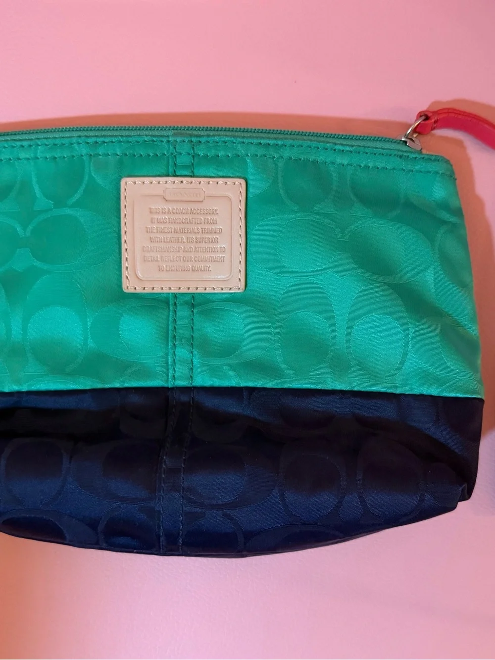 Coach Two-Tone Teal & Navy Signature Cosmetic Pouch with Red Zip Pull